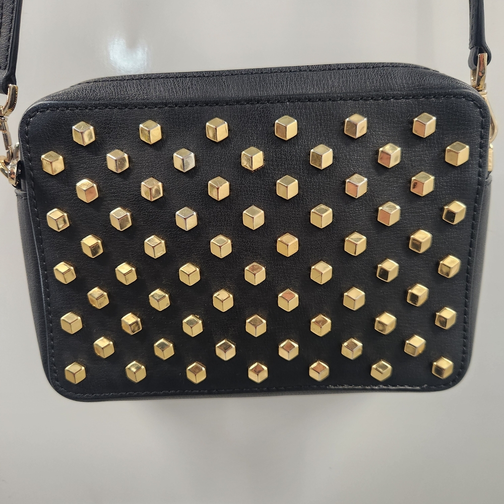 Michael Kors Pouches Camera Crossbody Gold Facet Stud Black Leather EUC